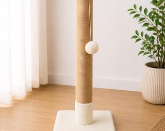 Handgefertigter Katzenkratzbaum – Jute Katzenkratzbaum, Moderne Katzenmöbel mit Spielzeug, Minimalistische Katzenkratzstange, individuelles Katzengeschenk