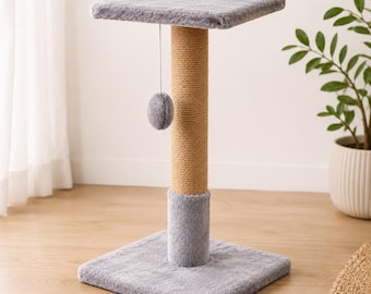 Modern Cat Scratcher & Tower with Bed – Jute Cat Scratching Post, Handmade Cat Furniture with Perch and Toy, Custom Cat Gift