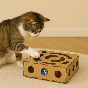 Handmade Wooden Cat Puzzle Toy – Interactive Eco-Friendly Enrichment Cat Box Toy with Balls, Indoor Wood Cat Toy, Unique Gift for Cats