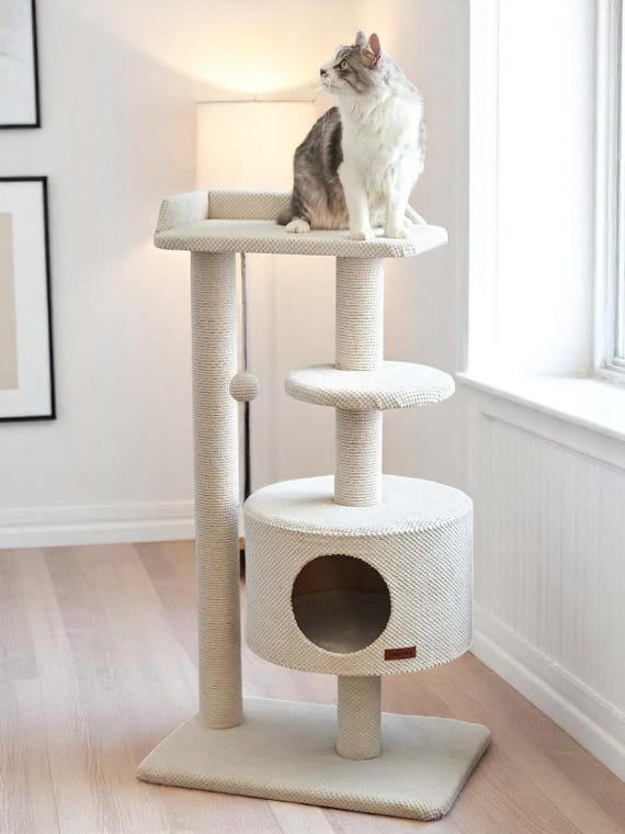 Modern Cat Tree with House, Bed & Scratcher – Unique Cat Tower, Furniture, Climbing Condo, Cat Perch, Tree for Large Cats, Custom Cat Gift