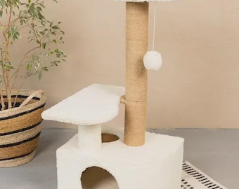 Albero e torre per gatti fatti a mano con casetta, tiragraffi e mensole – Mobili moderni per gatti, condominio per gatti con palo tiragraffi, cuccia per gatti, regalo di lusso per gatti