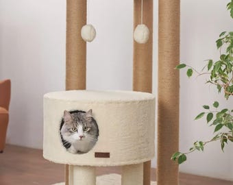 Handgemaakte krabpaal en toren met huisje, krabpaal en bed – modern kattenmeubilair, kattenappartement met planken, krabpalen en speelgoed, kattencadeaus