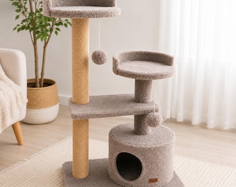 Handmade Cat Tree & Tower with House, Bed and Scratchers – Modern Cat Furniture, Cat Condo with Scratching Post, Shelves and Toys, Cat Gift