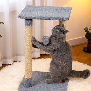 Modern Cat Scratcher with Toy – Jute Sisal Scratching Post & Perch, Cat Tree Tower Furniture, Cat Climbing Post, Handmade Custom Cat Gift
