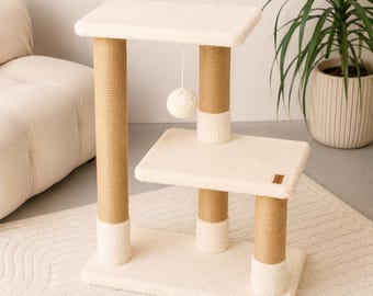 Handmade Cat Tree & Tower with Scratchers, Shelves and Bed – Modern Cat Furniture, Cat Condo with Scratching Posts and Toy, Cat Gifts
