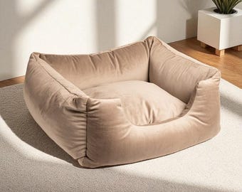 Modern Velvet Cat & Dog Bed – Washable Square Couch Bed, Handmade Cozy Cat Bed, Small Dog Bolster Bed, Custom Pet Bed Gift for Cats and Dogs