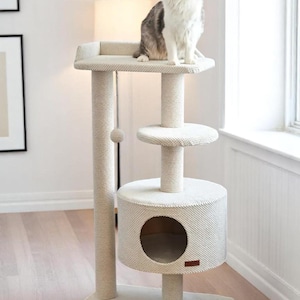 May include: A beige cat tree with multiple levels, including a top platform, a mid-level perch, and a base with a circular hideaway. A grey and white cat sits on the top platform. The posts are wrapped in sisal rope. The cat tree is designed for indoor cats.