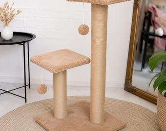 Modern Cat Tree & Tower with Scratchers and Shelves –  Handmade Cat Furniture, Cat Condo with Scratching Posts and Toys, Cat Gifts
