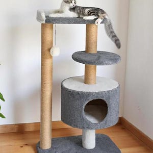 Cat Tree Tower with House & Perch – Scratcher, Furniture, Modern Cat Condo, Bed, Scratching Post, Climbing Cat, Custom Gift for Large Cats