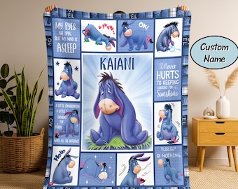 Personalized Eeyore Blanket, Eeyore Baby Name Blanket, Winnie The Pooh Eeyore Birthday Party Blanket, Eeyore Christmas Gifts