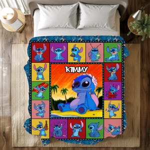 May include: A blue and colorful throw blanket featuring the character Stitch from Lilo & Stitch. The blanket has a central image of Stitch with the name "Kimmy" and a tropical background, surrounded by various Stitch illustrations.