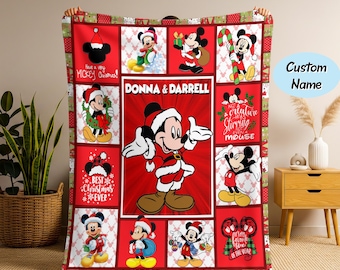 Personalized Disney Mickey Mouse Christmas Blanket, Throws, Cartoon Style Gift for Boys and Girls, Christmas Gift, Bed Quilt Merch