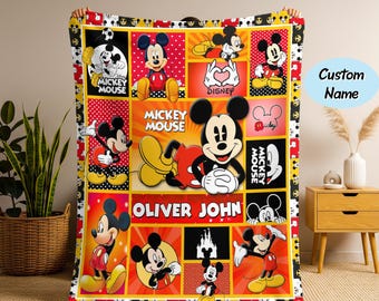 Personalized Disney Mickey Mouse  Blanket, Throws, Cartoon Style Gift for Boys and Girls, Christmas Gift, Bed Quilt Merch, Christmas Gift