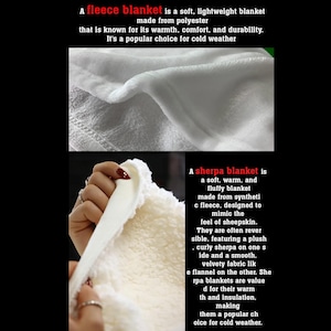 May include: The image shows two types of blankets: a fleece blanket and a sherpa blanket. The fleece blanket is made of polyester and is known for its warmth and comfort. The sherpa blanket is made of synthetic fleece, designed to mimic sheepskin, and is often reversible.