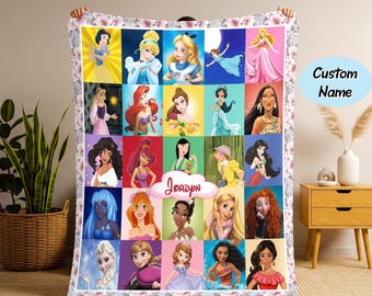 Manta polar personalizada de princesas Disney, Bella, Rapunzel, Tiana, Ariel y Elsa, con nombre personalizado de princesa, regalo de Navidad.