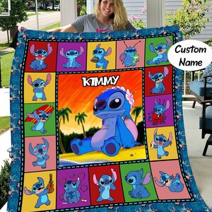 May include: A blue and colorful custom name blanket featuring the character Stitch from Lilo & Stitch. The blanket has a central image of Stitch with the name "KIMMY" and is surrounded by various Stitch illustrations in different poses. The border is a dark blue with Stitch patterns.