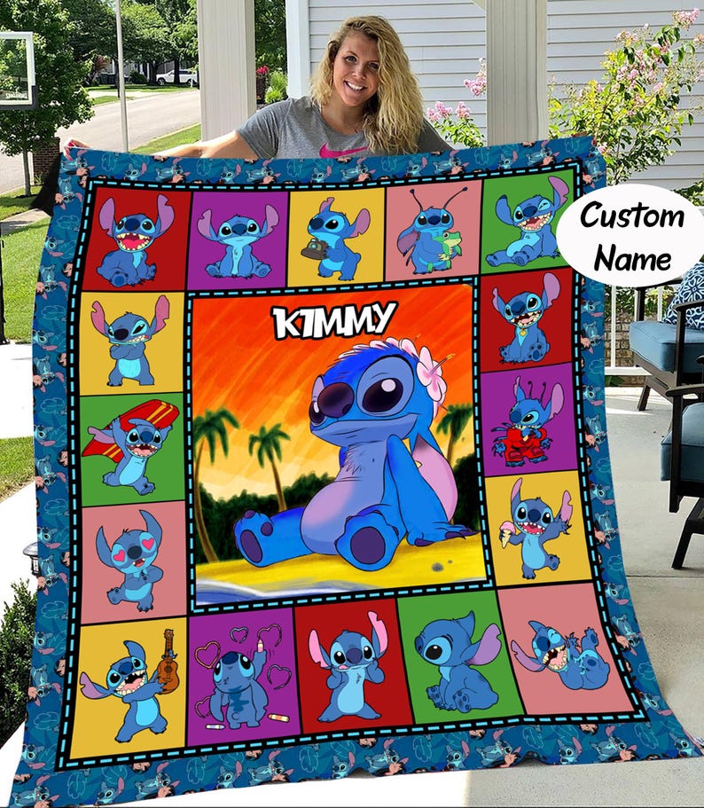 May include: A blue and colorful custom name blanket featuring the character Stitch from Lilo & Stitch. The blanket has a central image of Stitch with the name "KIMMY" and is surrounded by various Stitch illustrations in different poses. The border is a dark blue with Stitch patterns.