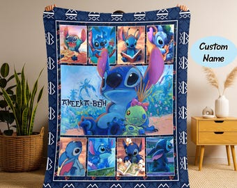 Gepersonaliseerde steekdeken kindernaam, steekdeken, aangepaste naam babydeken Lilo Stitch, babydeken Stitch, verjaardagscadeau
