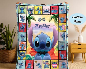 Gepersonaliseerde kindernaamdeken, steekdeken, aangepaste naam Lilo Stitch babydeken, steek babydeken, verjaardagscadeau