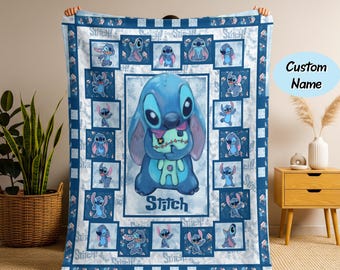 Gepersonaliseerde kindernaamdeken, steekdeken, aangepaste naam Lilo Stitch babydeken, steek babydeken, verjaardagscadeau, kerstcadeau