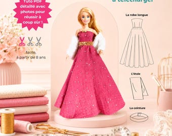 Long bustier dress, belt and stole – Digital PDF patterns for 11-12" fashion doll – Easy sewing – Multilingual tutorial included