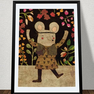 HELLO art print // mouse girl illustration // black brown pink // digital painting image 1