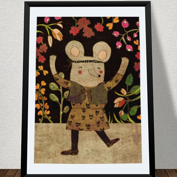 HELLO!  art print // mouse girl illustration // black brown pink //  digital painting