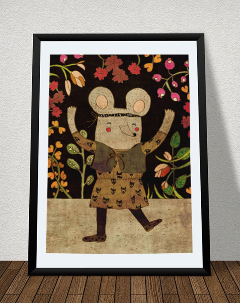 HELLO art print // mouse girl illustration // black brown pink // digital painting image 1