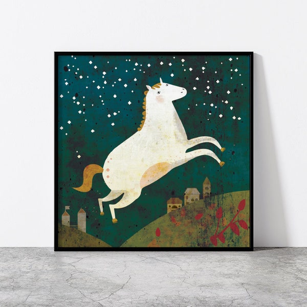 HORSE art print // cute white horse at night // illustration // green wall decoration