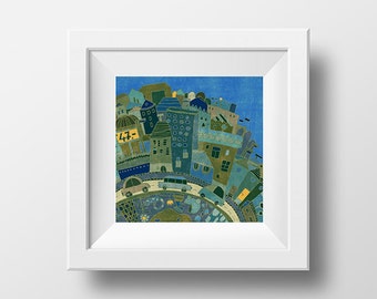 CITY - art print // digital illustration // blue town cars boys nursery wall decor