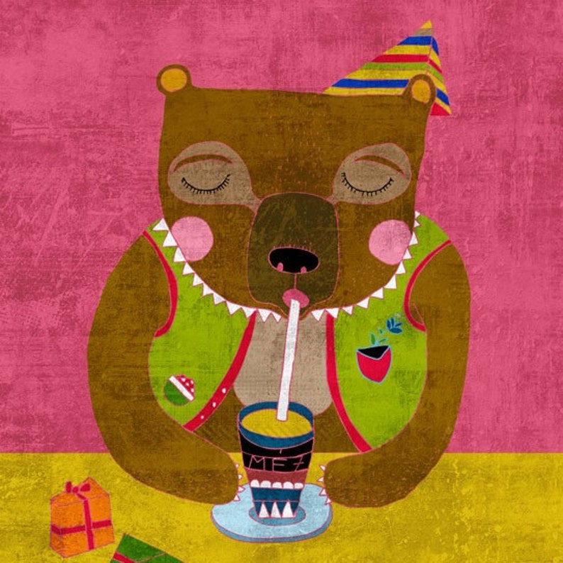 BIRTHDAY art print happy birthday illustration // pink bear wall decor image 1