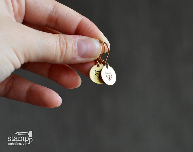 Cute, round FOX earrings // raw brass hook earrings // hand stamped jewelry image 1