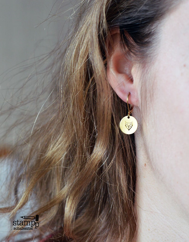 Cute, round FOX earrings // raw brass hook earrings // hand stamped jewelry image 2