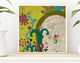 SPRING art print // green, fresh home decor // face and flowers illustration