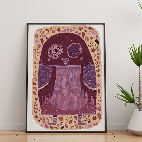 Impresión artística OWL // decoración del hogar púrpura
