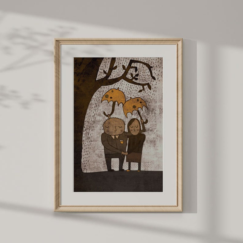 ALWAYS TOGETHER art print // brown and yellow couple illustration // love rain tree image 2