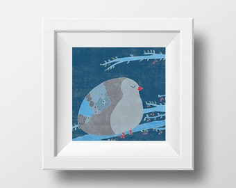 THE BIRD of HAPPINESS - art print // blue birdie illustration // fat and happy pigeon on a tree