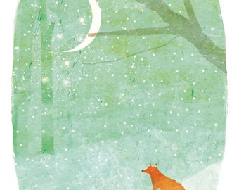 LITTLE FOX in the SNOW art print // winter forest illustration // woodland home decor