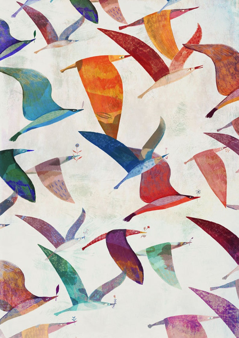 HOPEBIRDS art print // colorful illustration // flying birds with flowers // hope illustration image 2
