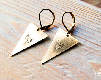 FOX  triangle earrings // triangle raw brass hook earrings // hand stamped jewelry