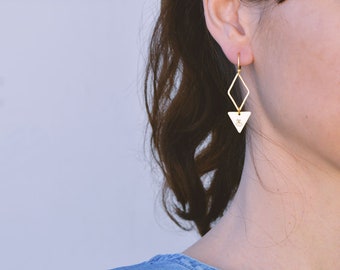 BEE earrings // geometric raw brass hook earrings // hand stamped jewelry