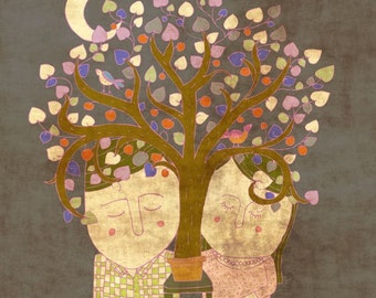 The TREE OF LOVE - art print // digital illustration // couple, tree, leaves, purple, brown