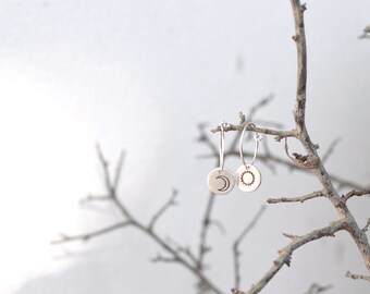 Cute, round SUN+MOON earrings // silver hoop earrings // hand stamped jewelry