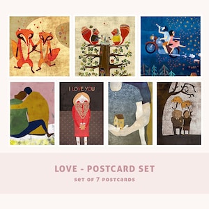 Amour - Lot de CARTES POSTALES // lot de 7 jolies cartes de voeux // illustration d'amour