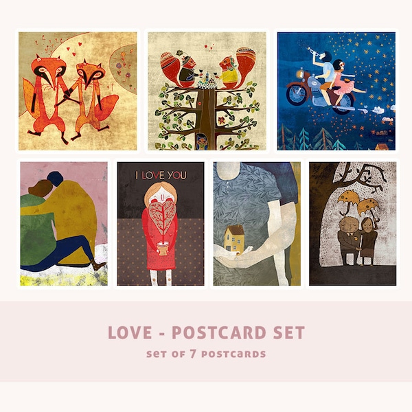 Love - POSTCARD set // set of 7 cute greeting cards // love illustration