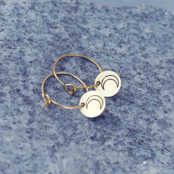 MOON hoop earrings // raw brass round earrings // hand stamped jewelry