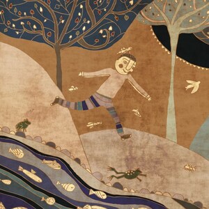 May include: A whimsical illustration of a person in a striped outfit running through a landscape with trees, birds, and frogs. The background is a textured brown with a blue river in the foreground.