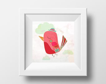 EL viajero lámina - ilustración lindo pájaro rosado / / vivero chica decoración de la pared