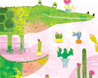 CROCOCACTUS art print // crocodile illustration // green pink wall decor