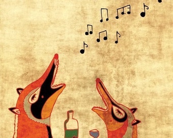 FOXFUN art print - funny illustration // drunk foxes singing // orange music happy woodland